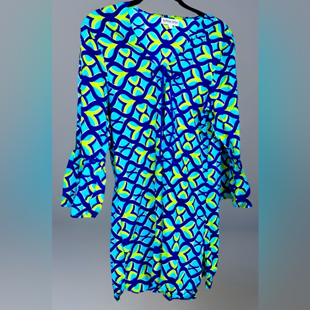 Buckhead Betties V-Neck 3/4 Length Bell Sleeve Cotton Cover-Up Blue/Green Large